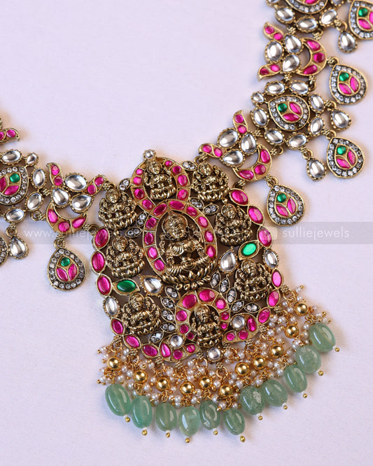 7218 - Premium Lakshmi Kundan Stone Work Mint Beads Long Chain with Earring