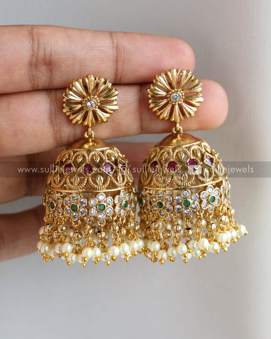 Floral Gold No Idol Pearl Choker with Jhumka