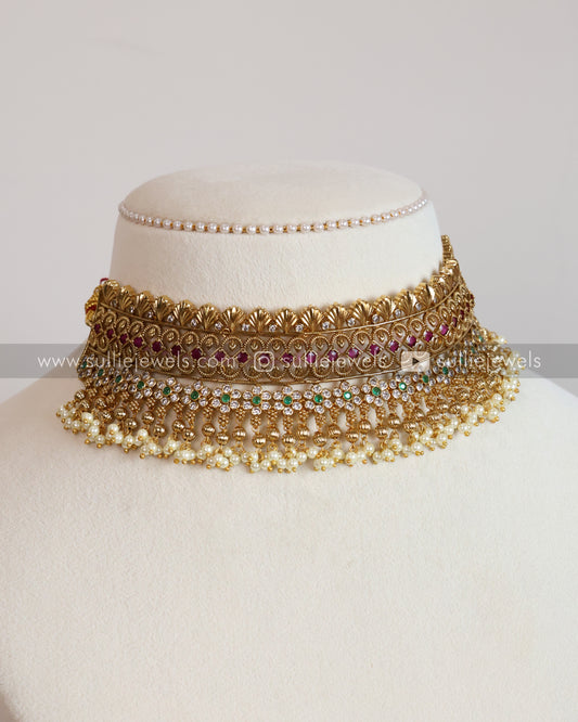 Floral Gold No Idol Pearl Choker with Jhumka