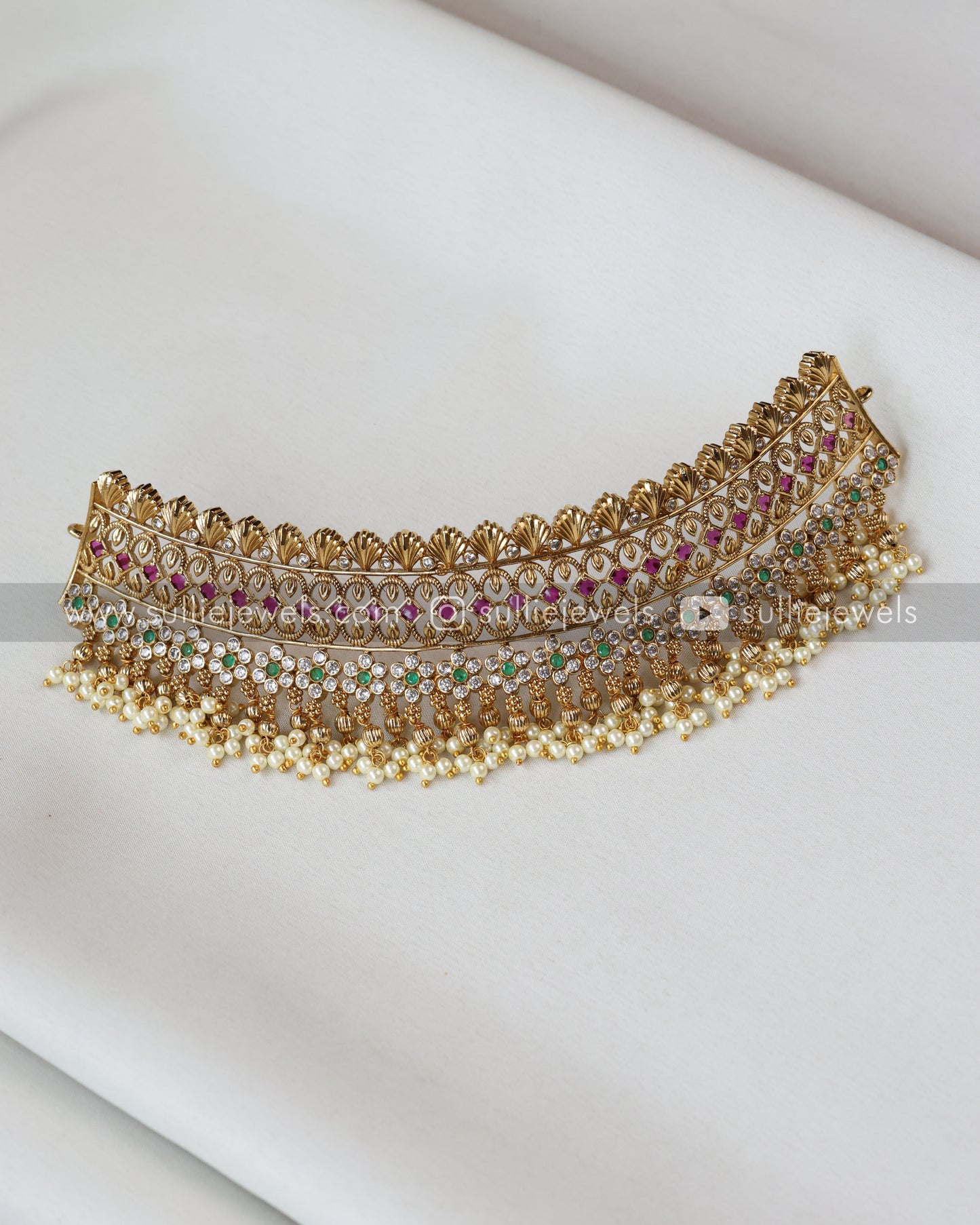 Floral Gold No Idol Pearl Choker with Jhumka