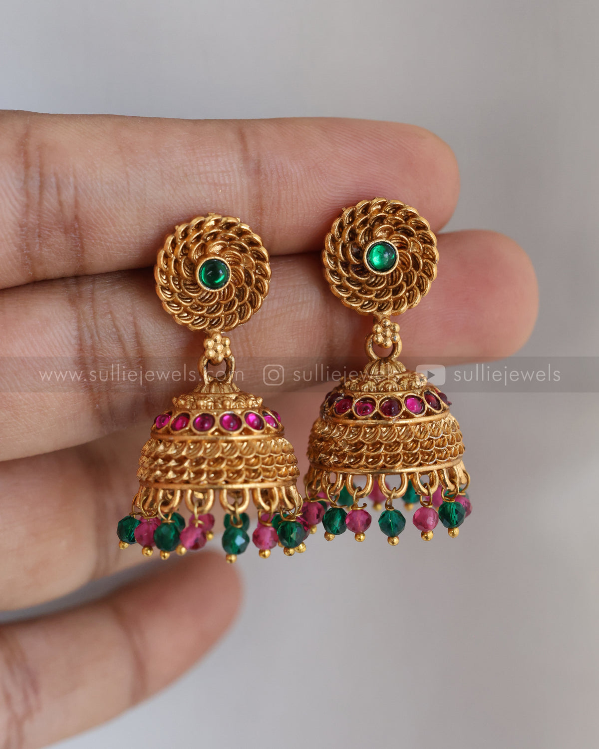6054 - Sullie Basic - Floral Gold & Ruby Green Pendant Set with Jhumka