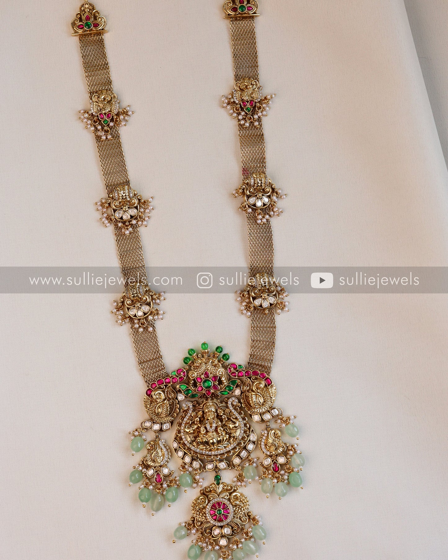 Lakshmi Premium Mint Beads Pendant with Mesh Long Chain / Haaram with Earring