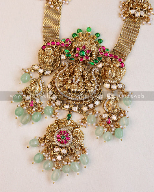 Lakshmi Premium Mint Beads Pendant with Mesh Long Chain / Haaram with Earring