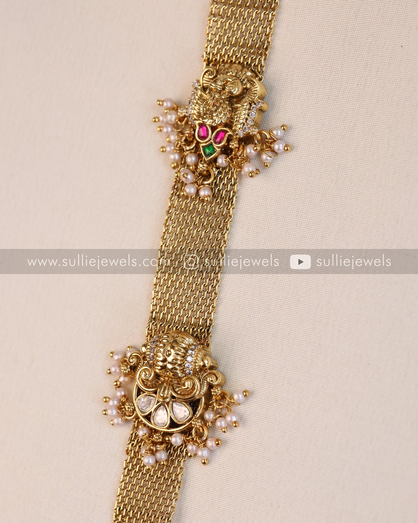 Lakshmi Premium Mint Beads Pendant with Mesh Long Chain / Haaram with Earring