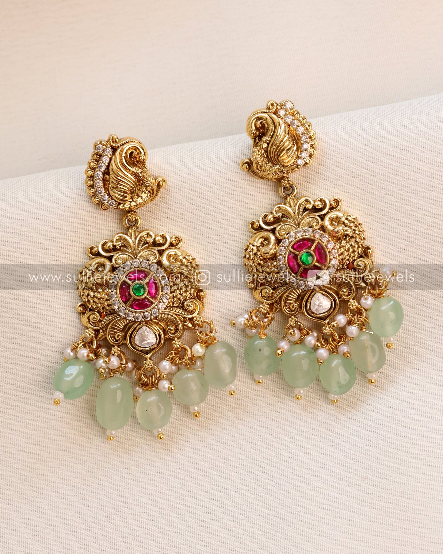 Lakshmi Premium Mint Beads Pendant with Mesh Long Chain / Haaram with Earring