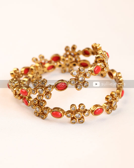 Coral & Flower Stone Bangle - Set of 2