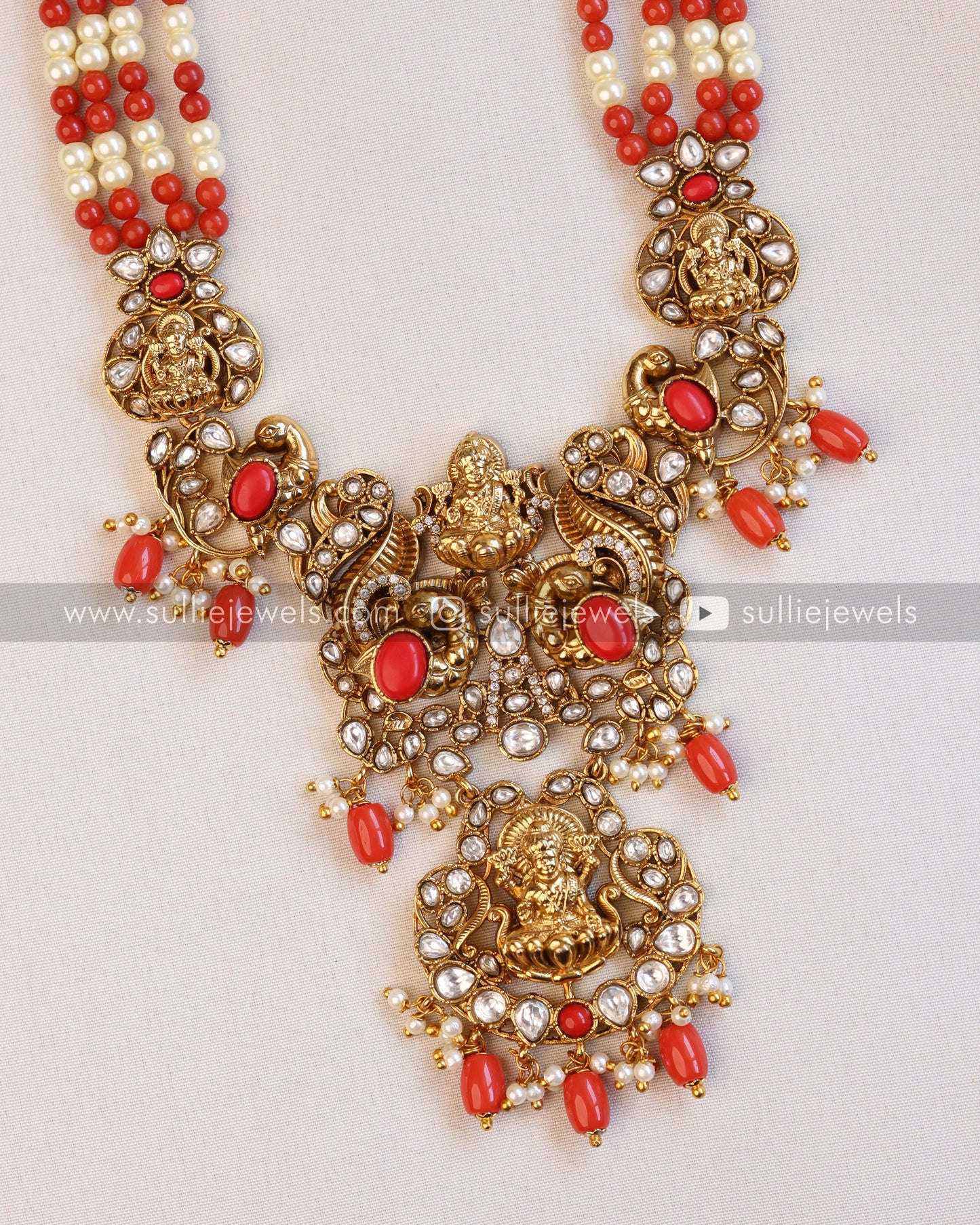 Lakshmi Pearl & Coral Beads Premium Long Chain/Haaram with Earring