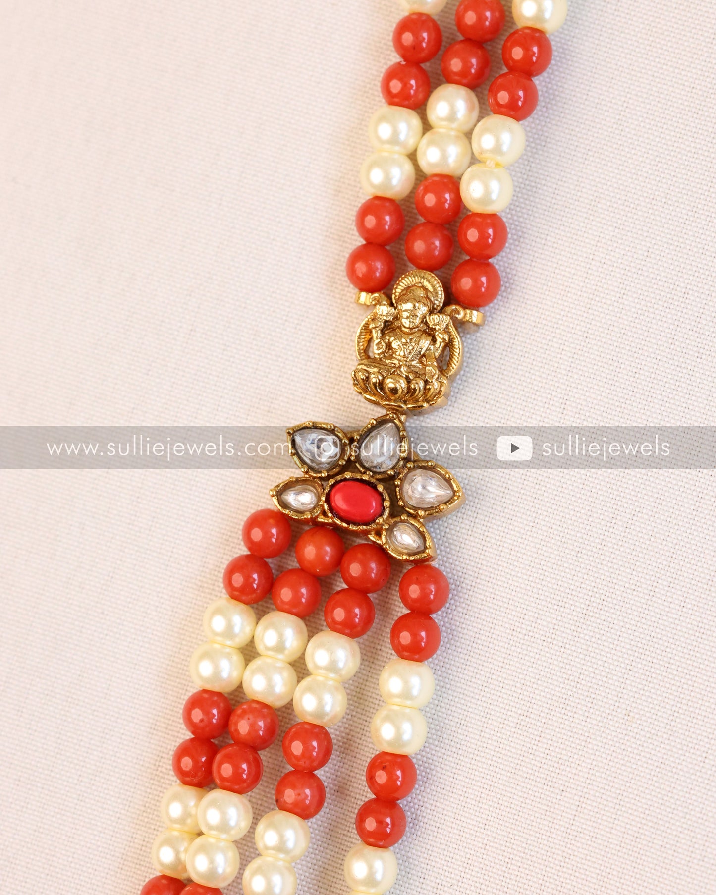 Lakshmi Pearl & Coral Beads Premium Long Chain/Haaram with Earring