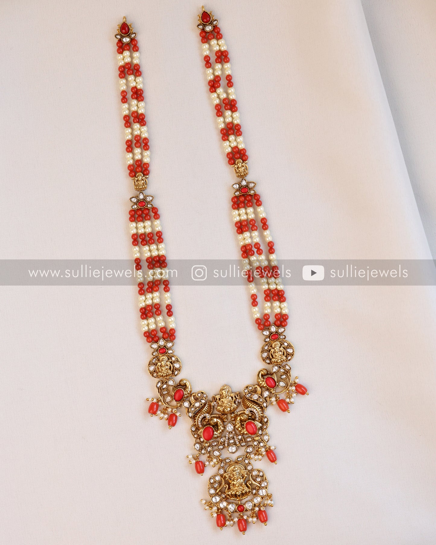 Lakshmi Pearl & Coral Beads Premium Long Chain/Haaram with Earring