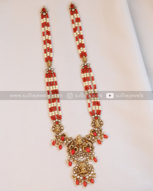 Lakshmi Pearl & Coral Beads Premium Long Chain/Haaram with Earring