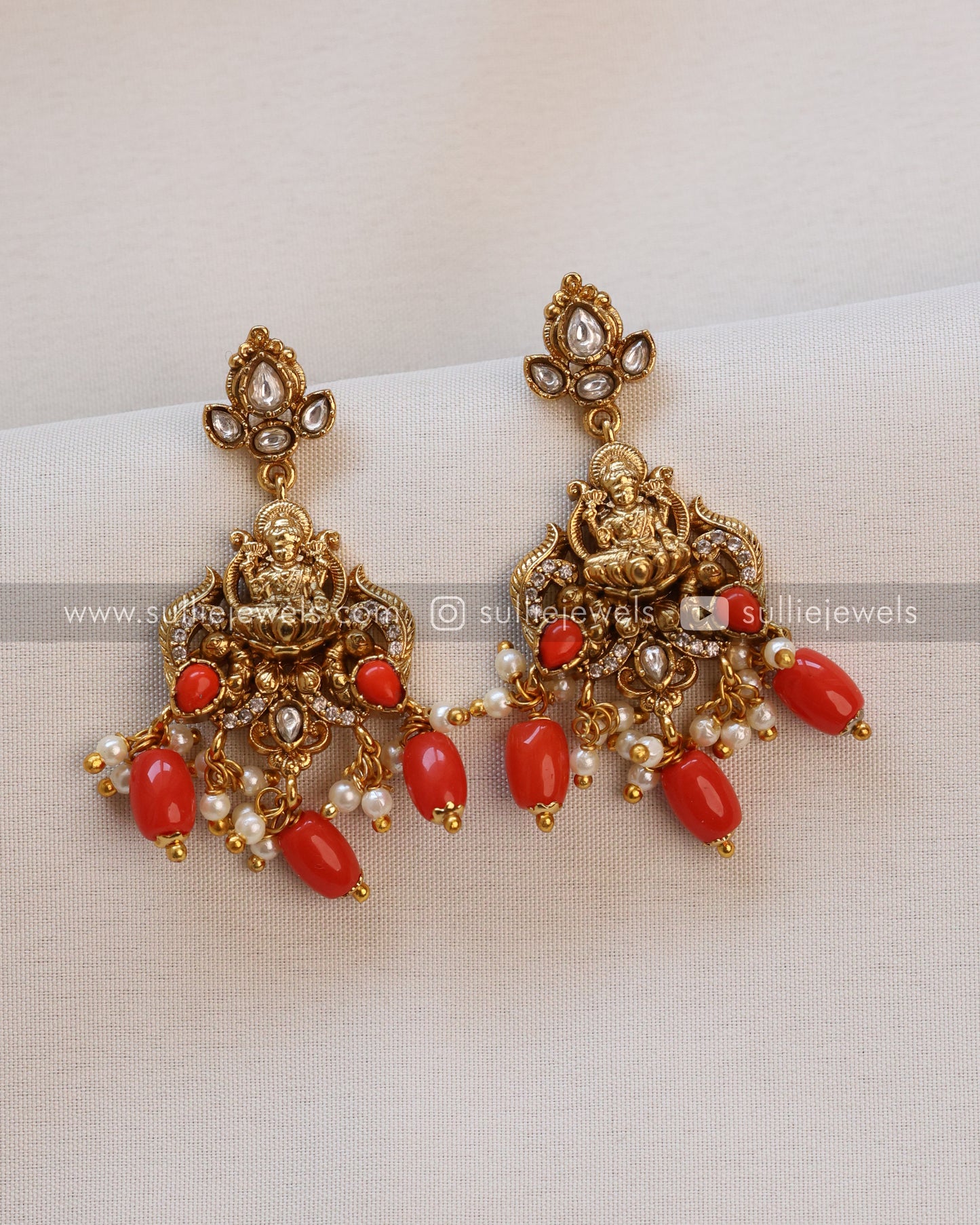 Lakshmi Pearl & Coral Beads Premium Long Chain/Haaram with Earring