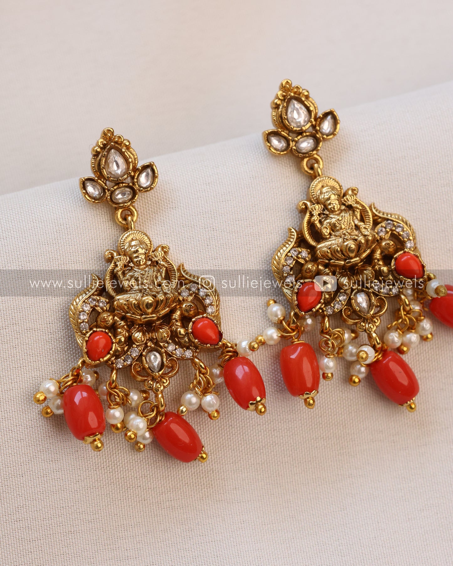 Lakshmi Pearl & Coral Beads Premium Long Chain/Haaram with Earring