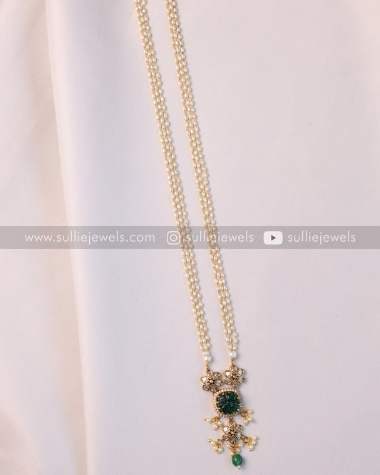 Carved Stone Pendant with Pearl Chain