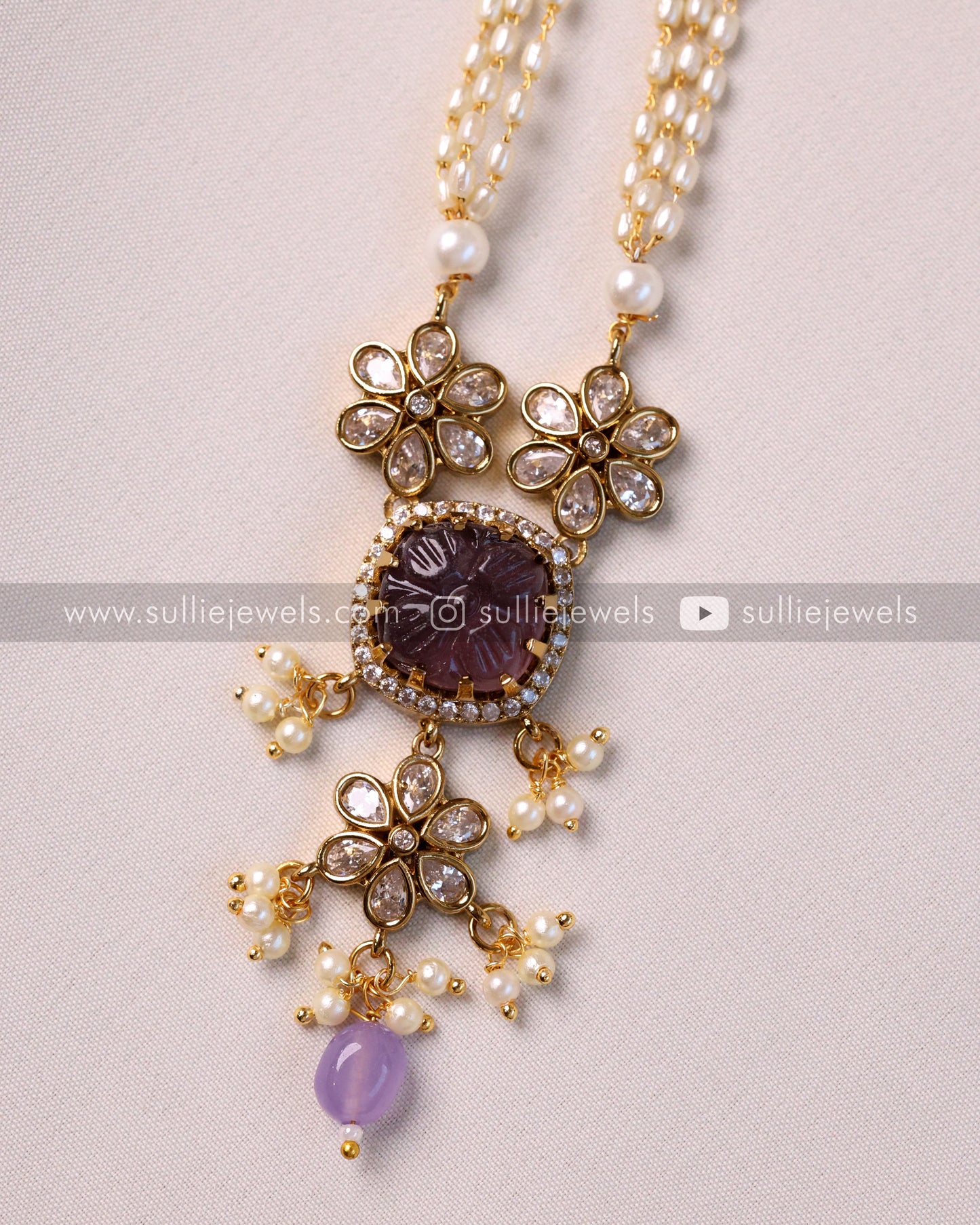 Carved Stone Pendant with Pearl Chain