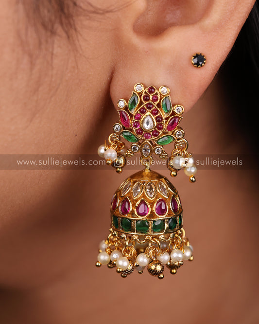 Premium Kemp Lotus Jhumka with Pearl drops
