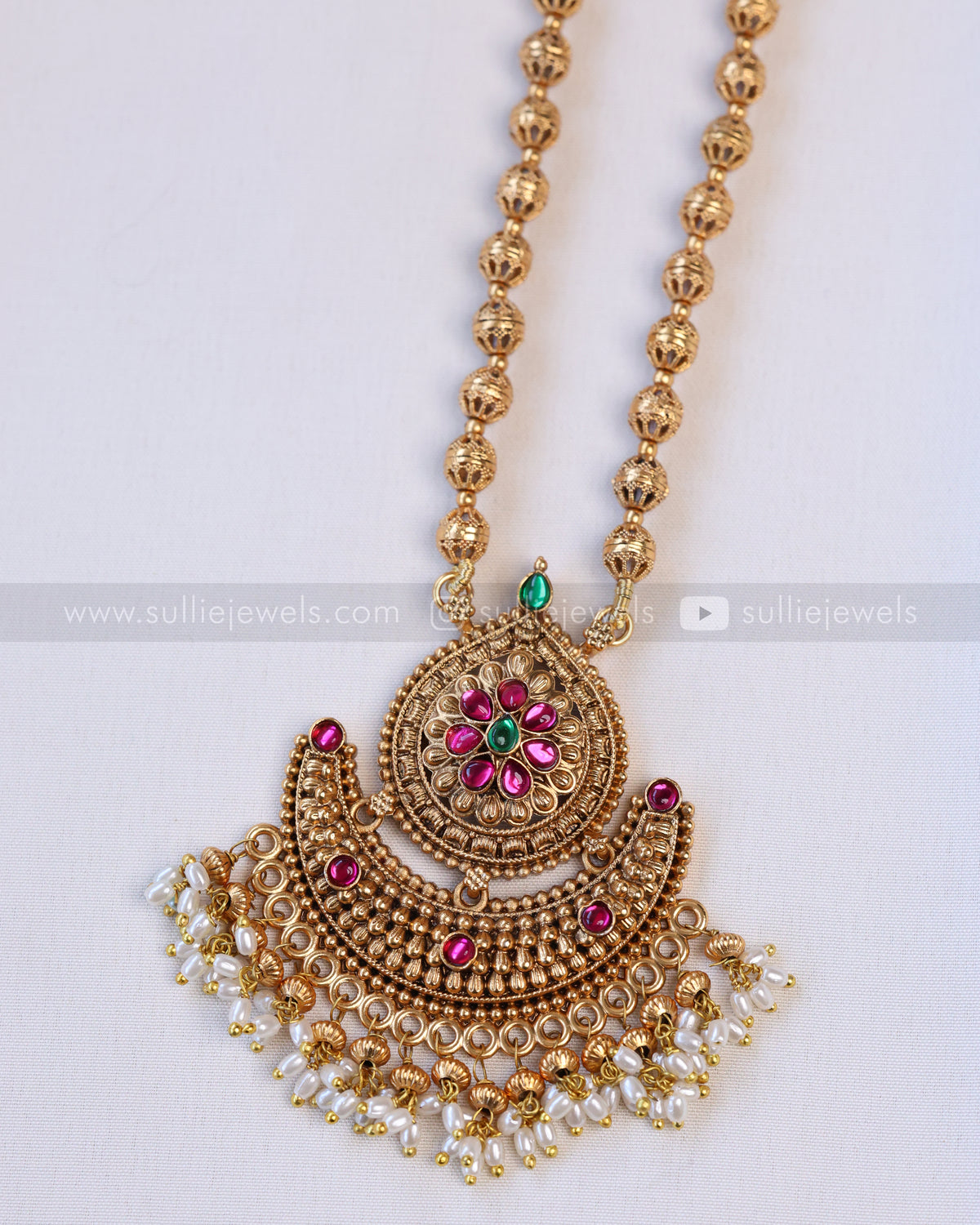6044 - Sullie Basic - Gold Chandbali Floral Gold Beads Pendant with Jhumka