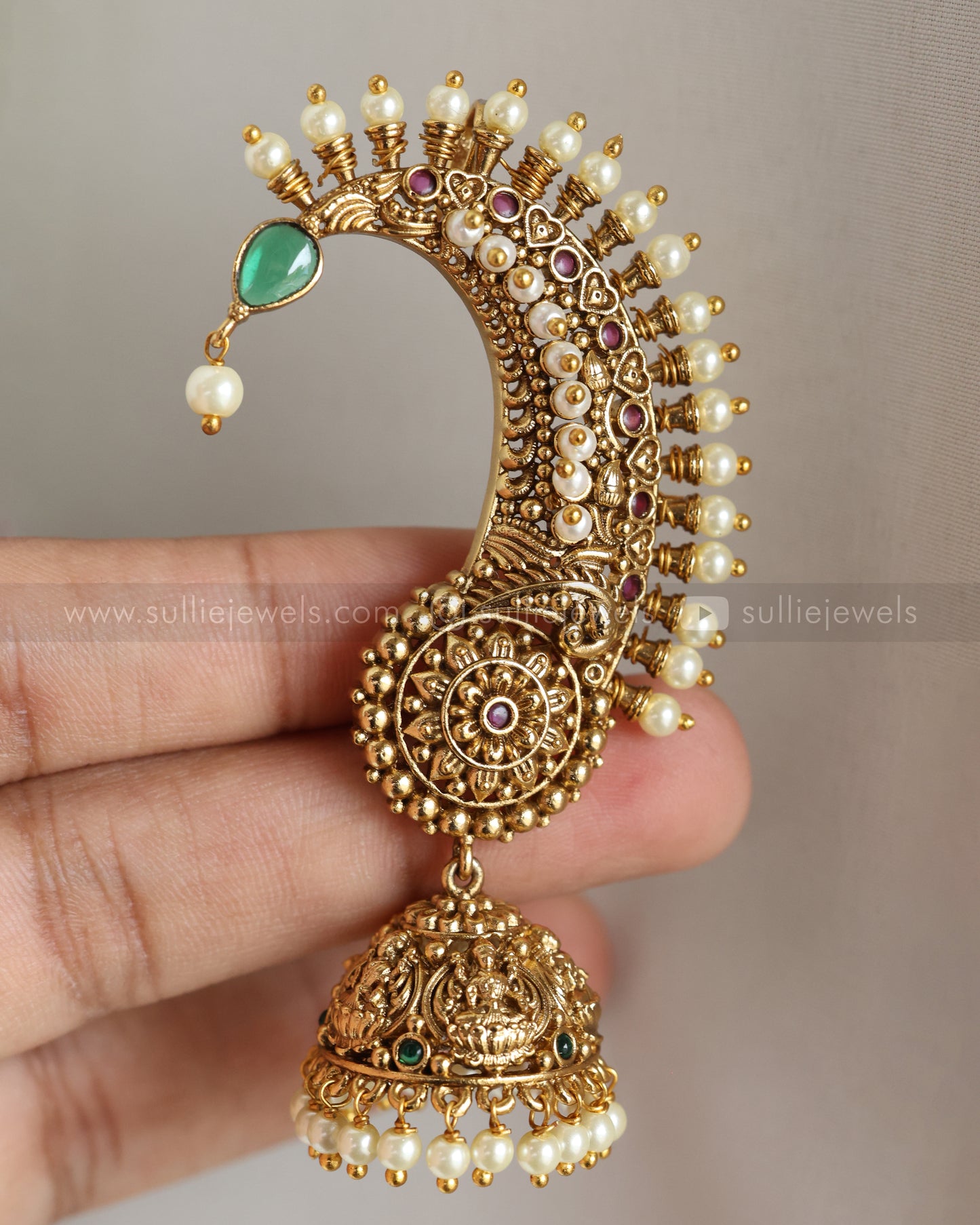 E1157 - Flower Gold Lakshmi Pearl Ear Cuff Jhumka