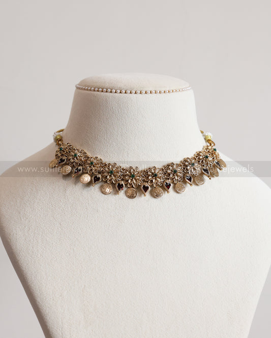 3775 - Sullie Basic Floral Ruby Palakka Coin Necklace with Stud