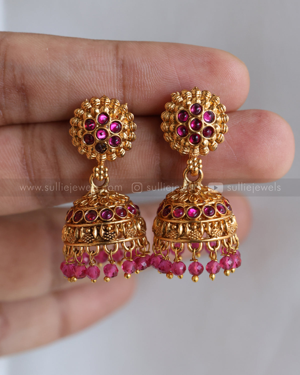 6041 - Sullie Basic - Ruby Flower Two Layered Gold Beaded Pendant with Jhumka