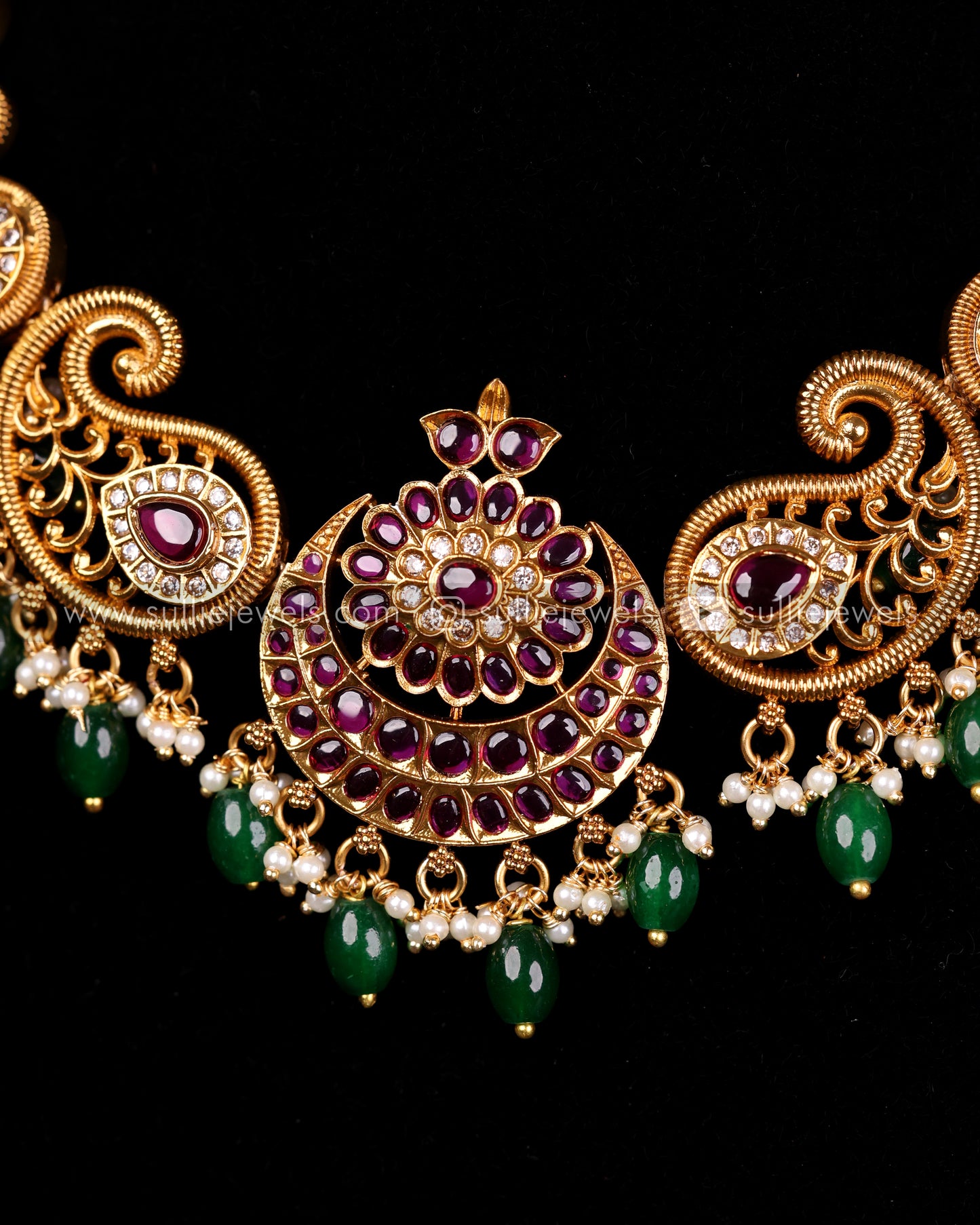 Chandbali Necklace Set with Green Stone Drops
