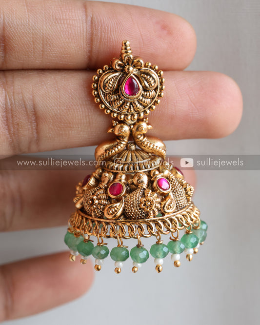No Idol Premium Copper Gold Jhumka - Mint beads