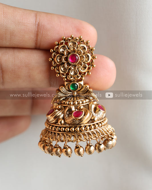 Premium Flower Copper Gold Jhumka - Gold beads