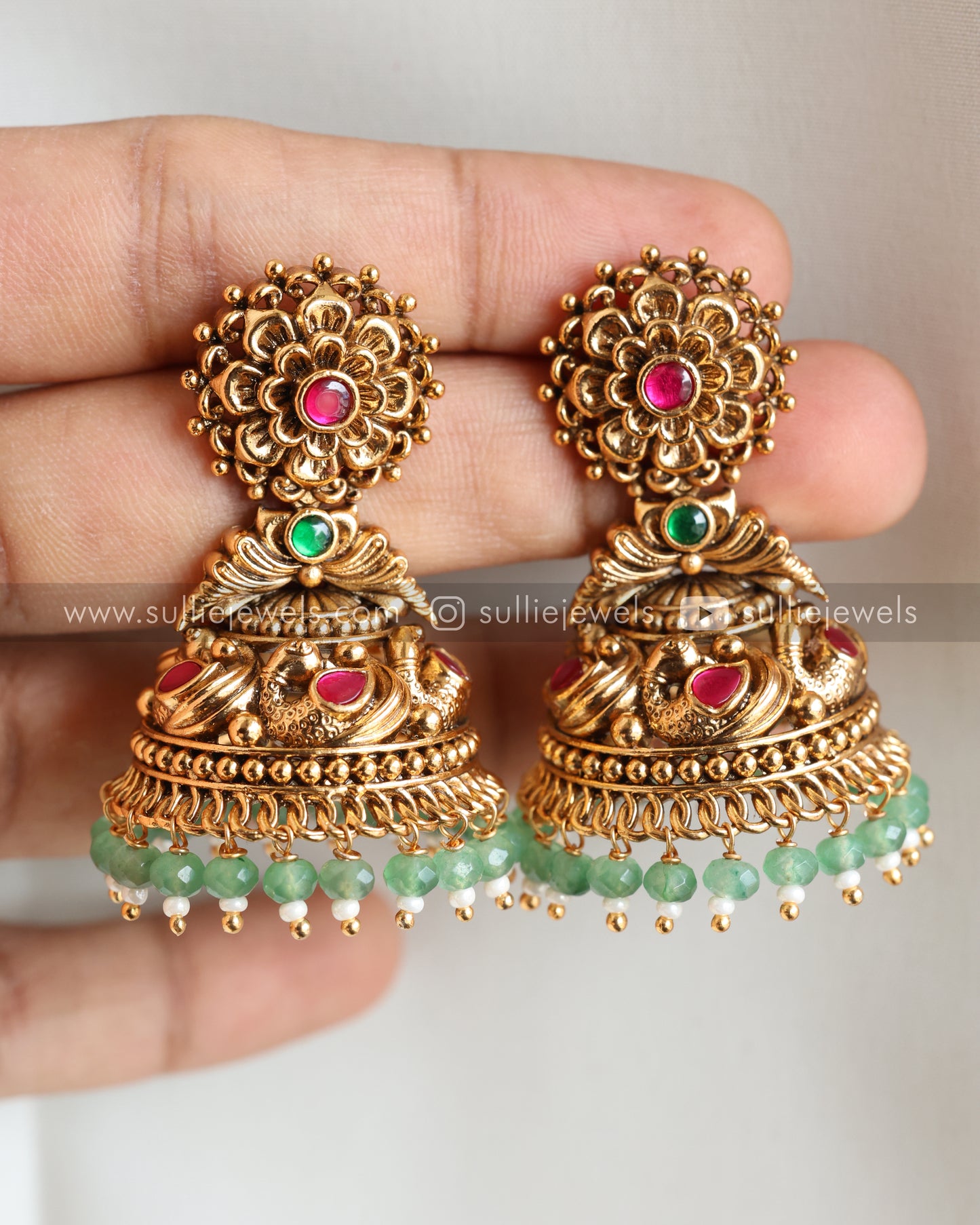 Premium Flower Copper Gold Jhumka - Mint beads