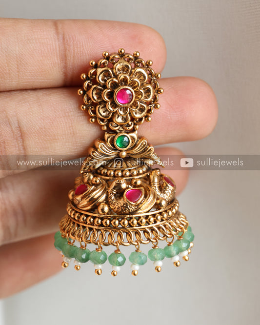Premium Flower Copper Gold Jhumka - Mint beads