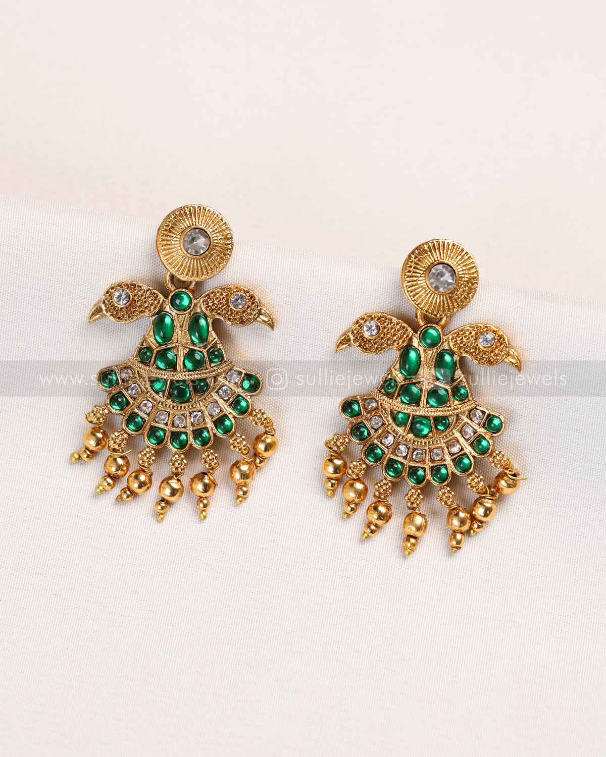 6072 - Sullie Basic - Two Headed Bird Pendant Gold Chain with Earring - Green