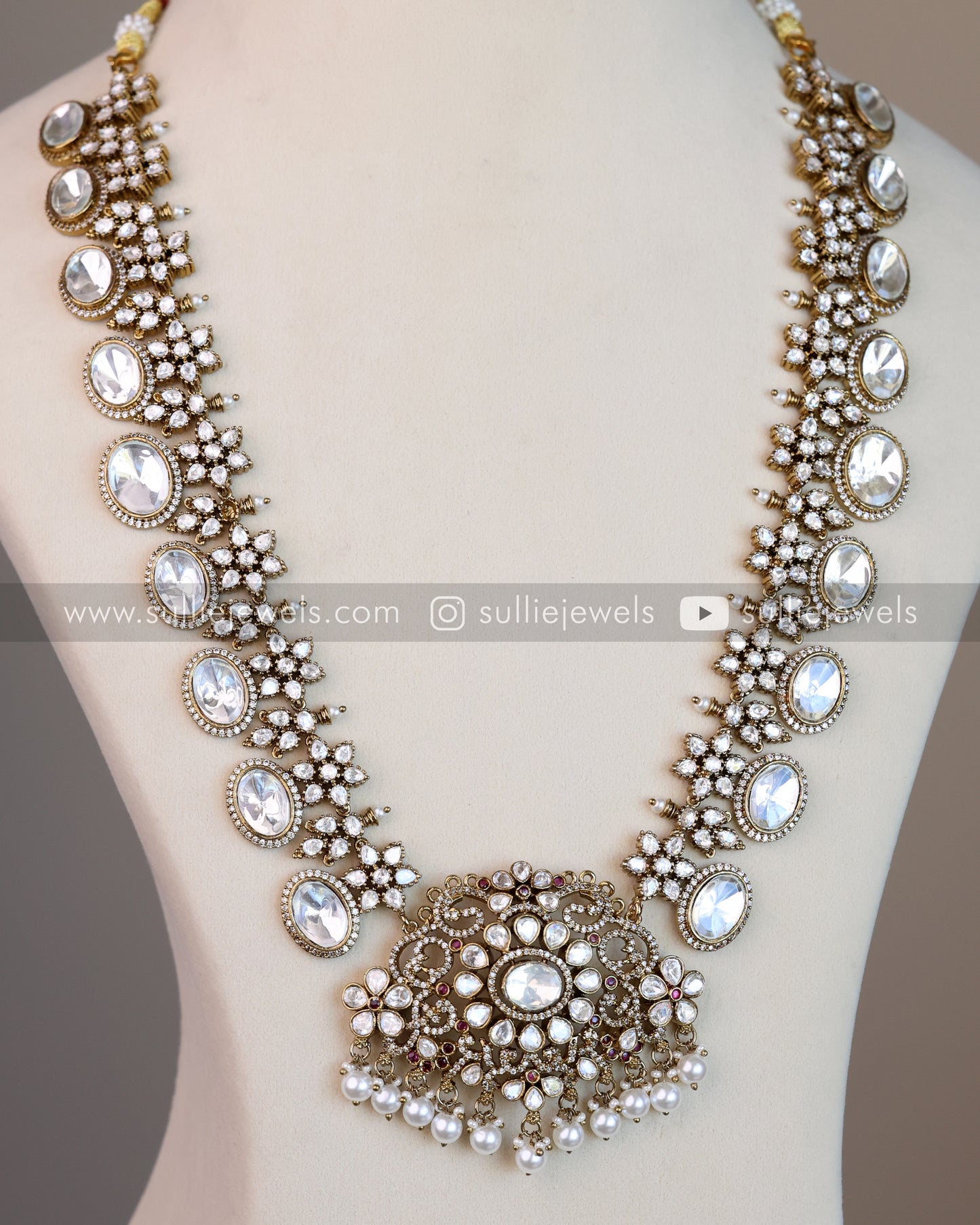 Victorian Premium White Long Chain Haram with Jhumkas