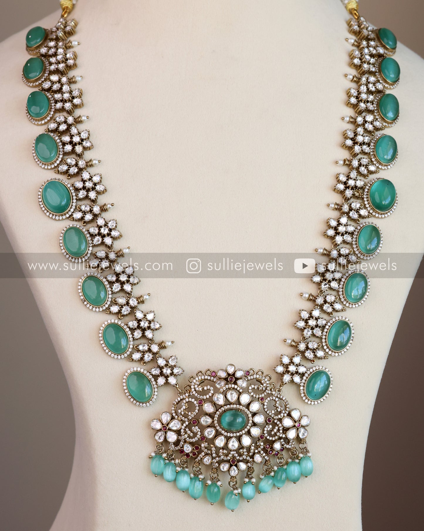 Victorian Premium Mint Green Long Chain Haram with Jhumkas