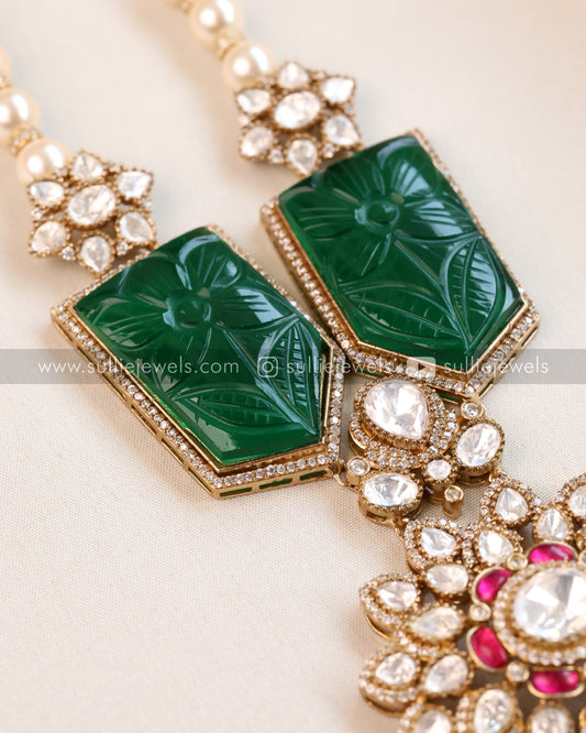 Moissanite & Carved Marble Stone Premium Pendant with Pearl Chain and Earrings