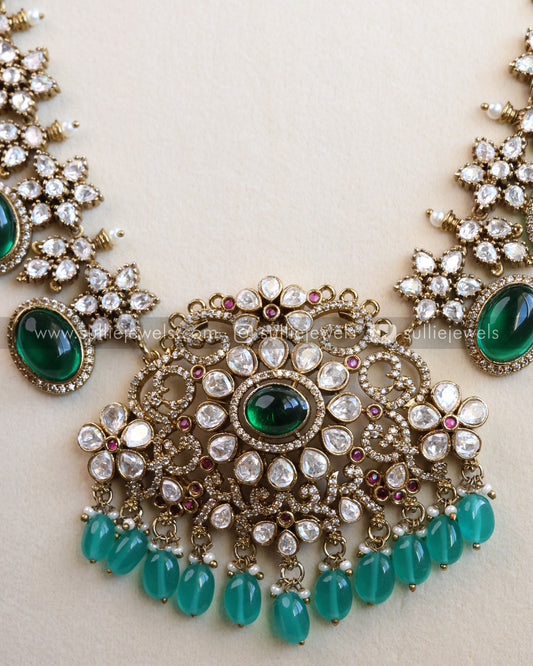 Victorian Premium Blue Green Long Chain Haram with Jhumkas