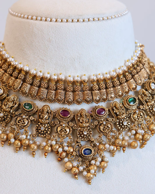 Lakshmi Multicolour Stone & Pearl Gold Layered Combo