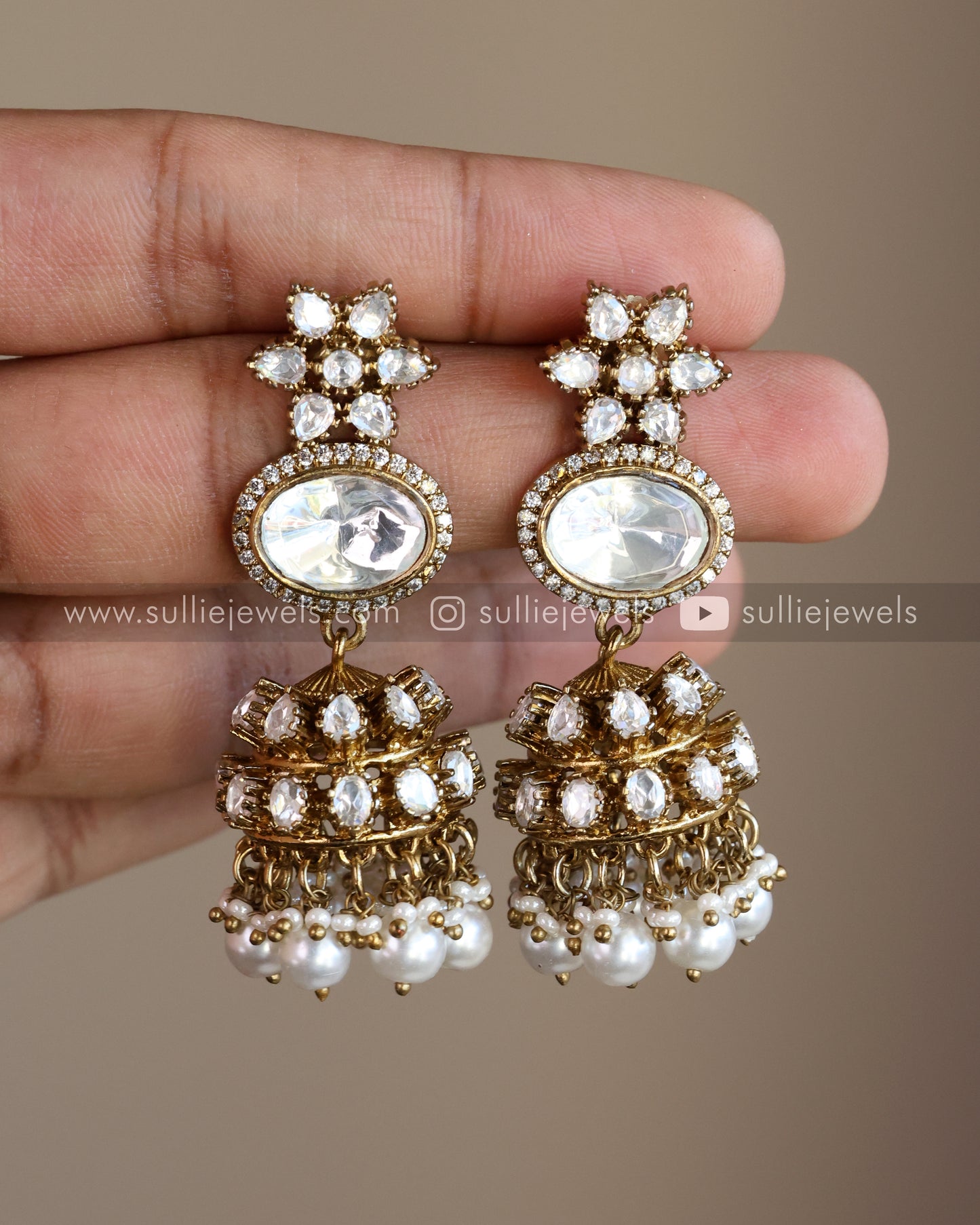 Victorian Premium White Long Chain Haram with Jhumkas