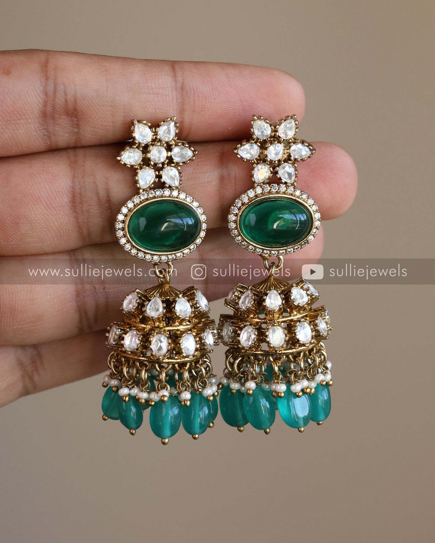 Victorian Premium Blue Green Long Chain Haram with Jhumkas