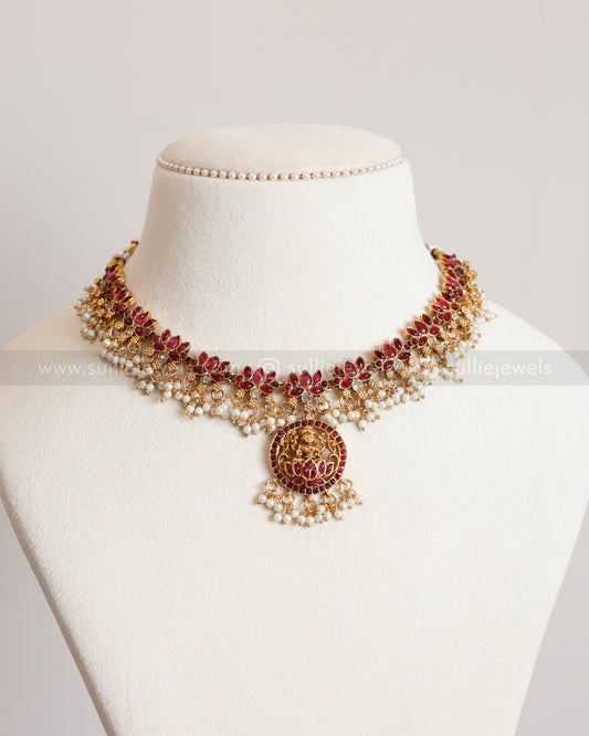 3408 - Sullie Basic - Lakshmi Pendant Lotus Guttapusalu Necklace with Jhumka - Red