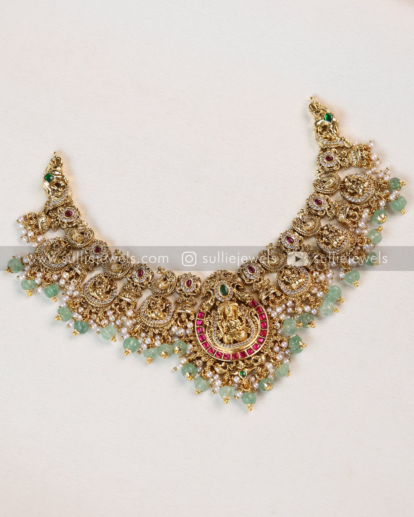 Premium Lakshmi Peacock Jadau Kemp Necklace - Mint beads