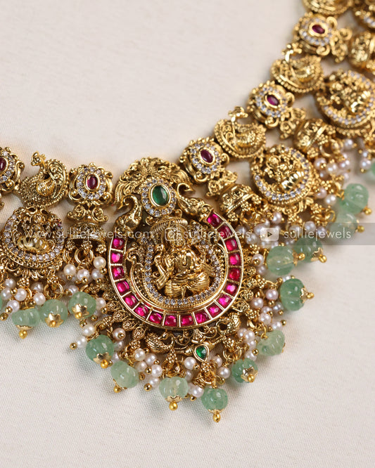 Premium Lakshmi Peacock Jadau Kemp Necklace - Mint beads