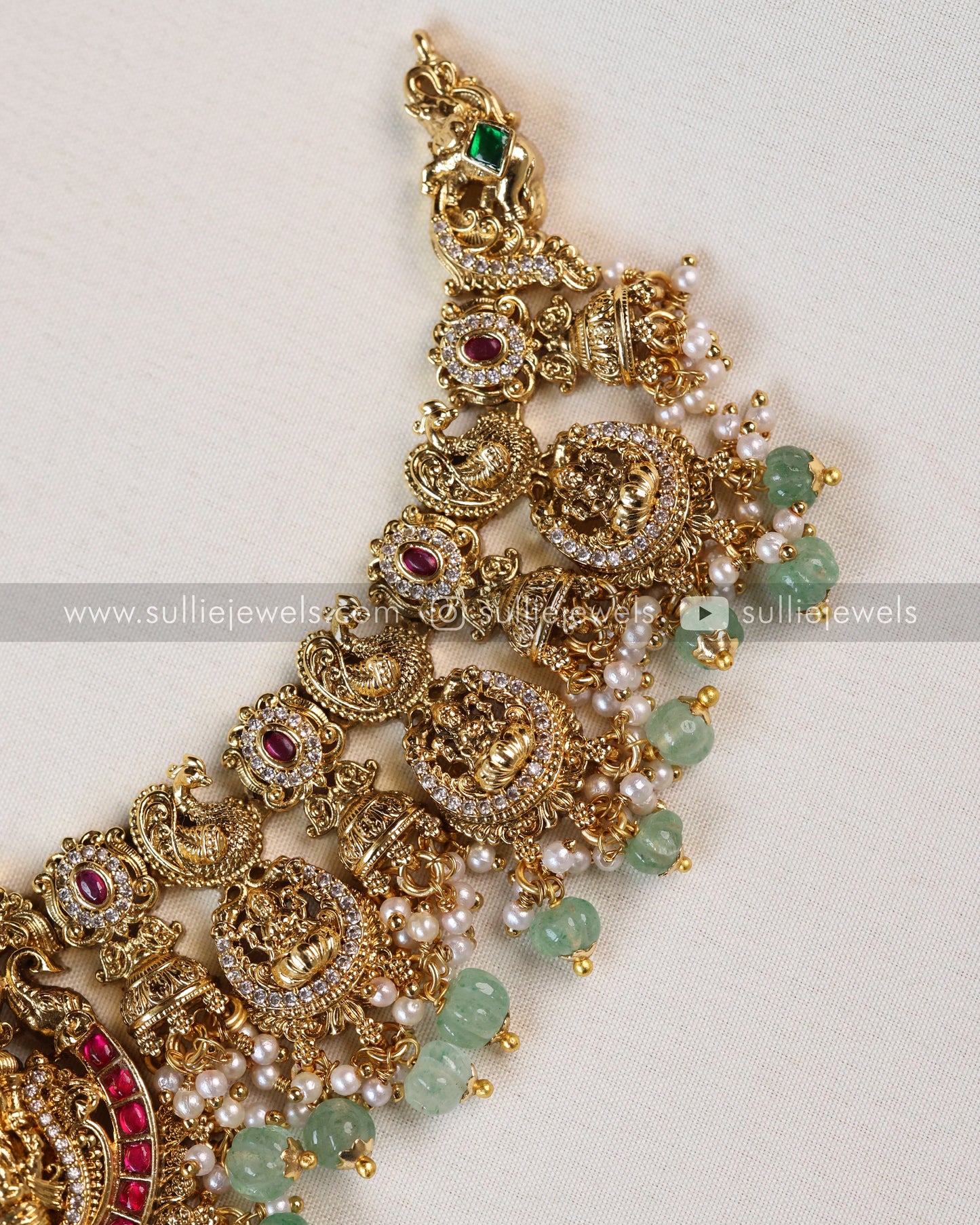 Premium Lakshmi Peacock Jadau Kemp Necklace - Mint beads