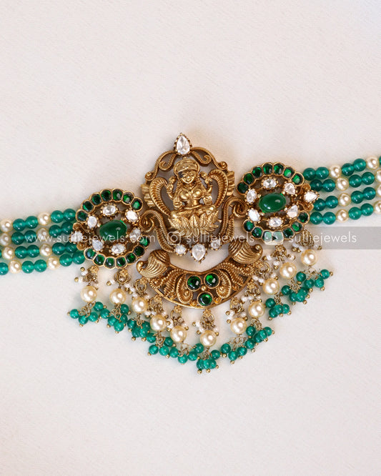 Lakshmi Kemp Antique Gold Premium Choker with - Mint Beads / Green Beads