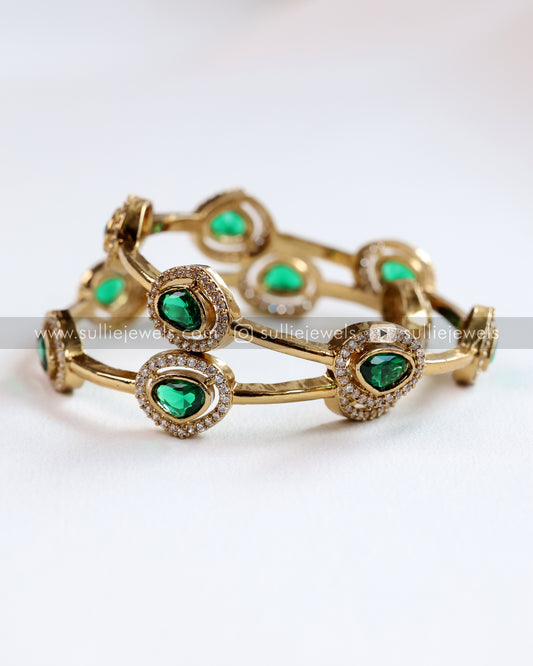 Premium Triangular Green Stone Bangle - Set of 2