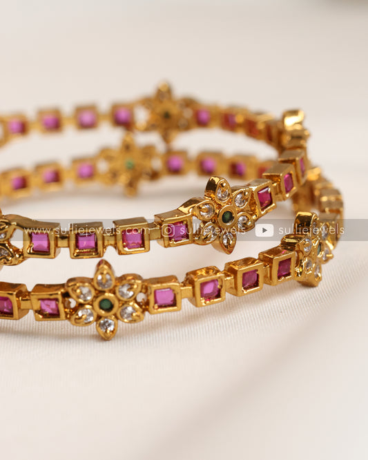 Ruby Stone & Flower Minimal Bangle - Set of 2