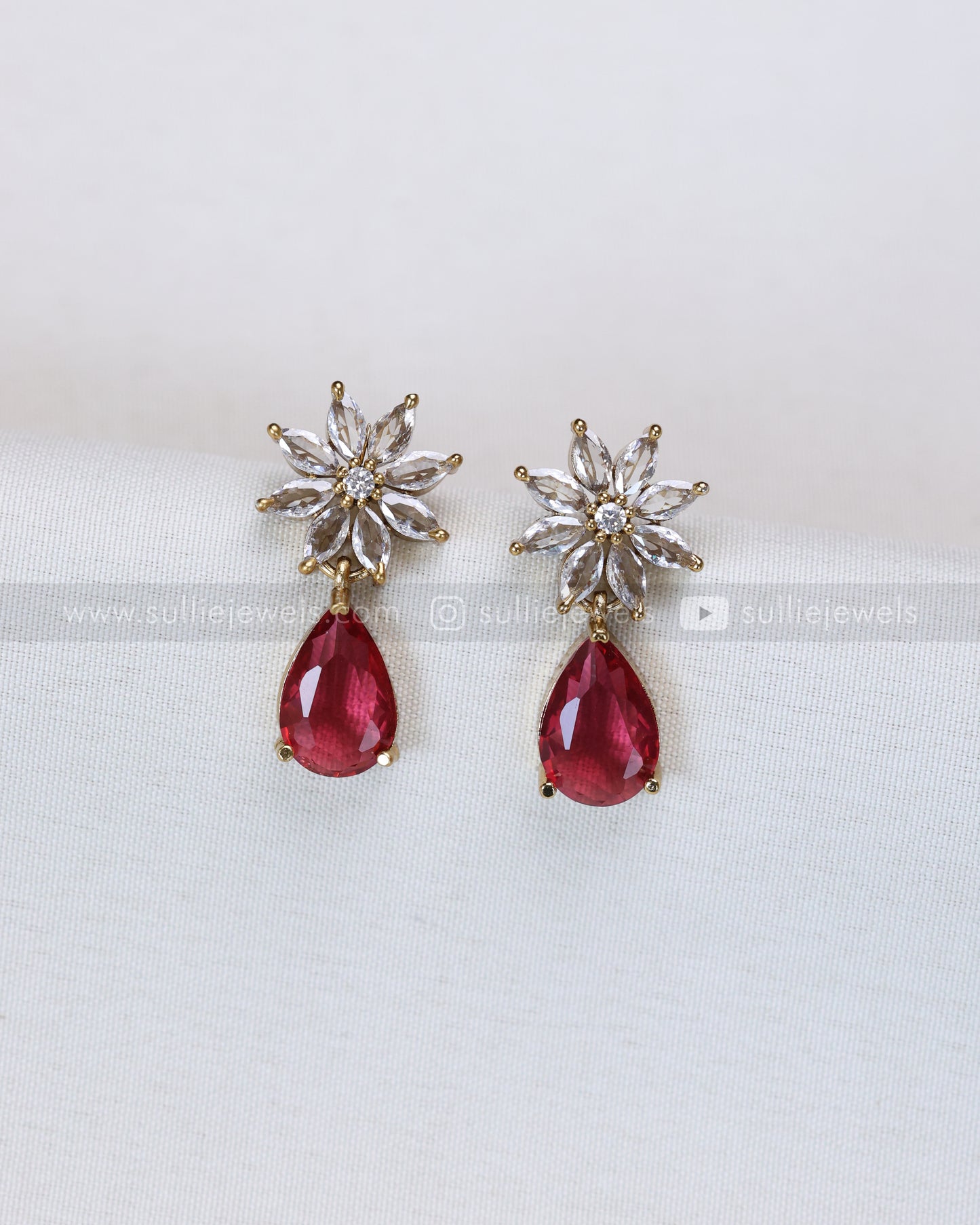 3680 - Ruby Raindrop AD Stone Leaf Necklace with Earring