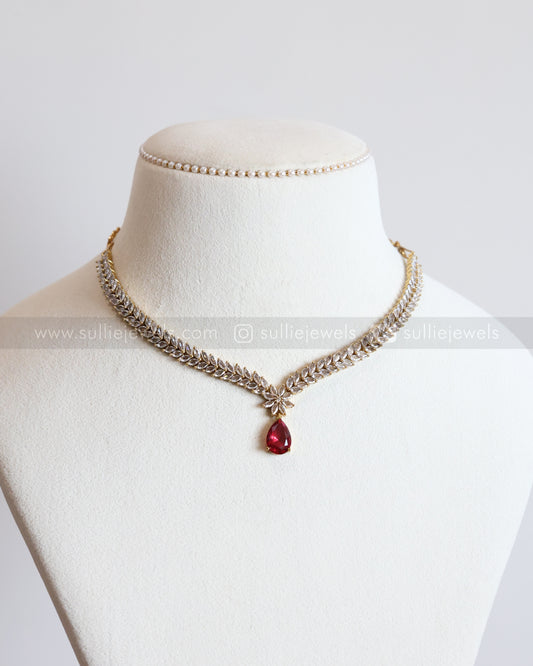 3680 - Ruby Raindrop AD Stone Leaf Necklace with Earring