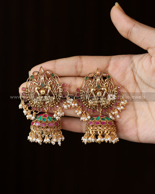 Peacock Premium Designer Jhumka with Pearl Cluster Earchain