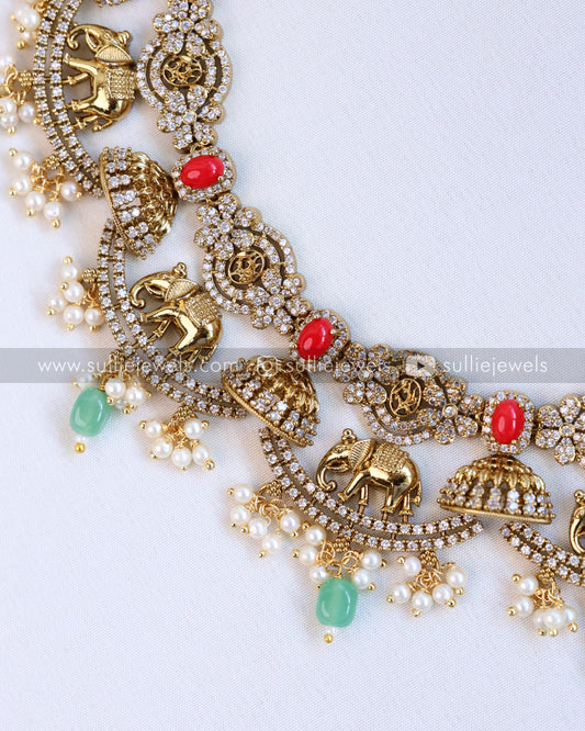 Elephant Coral & Stone Necklace with Earring