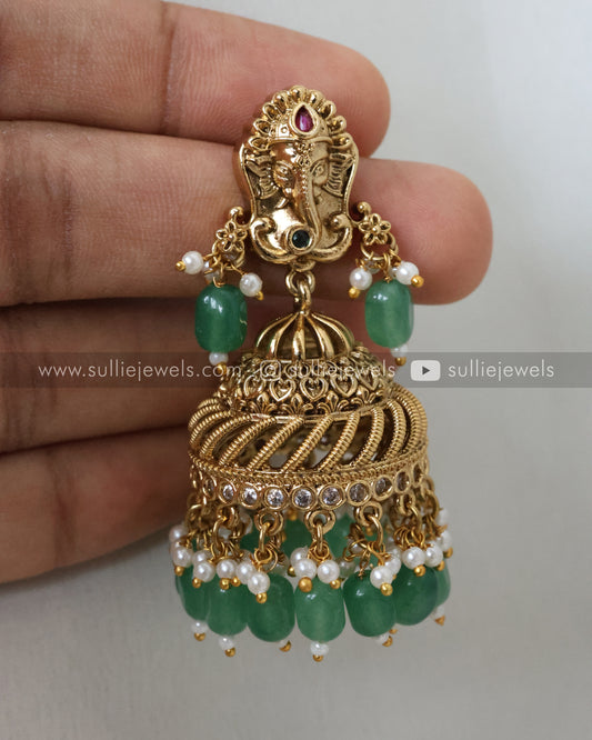 Premium Gold Ganesh Spiral Jhumka - Mint Beads