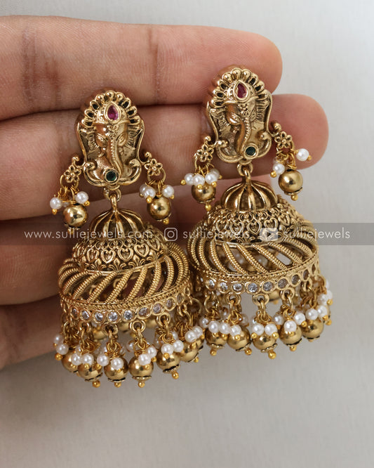 Premium Gold Ganesh Spiral Jhumka - Gold Beads