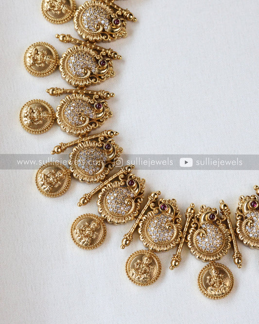 Stone Peacock & Lakshmi Coin Necklace / Long Chain with Earring